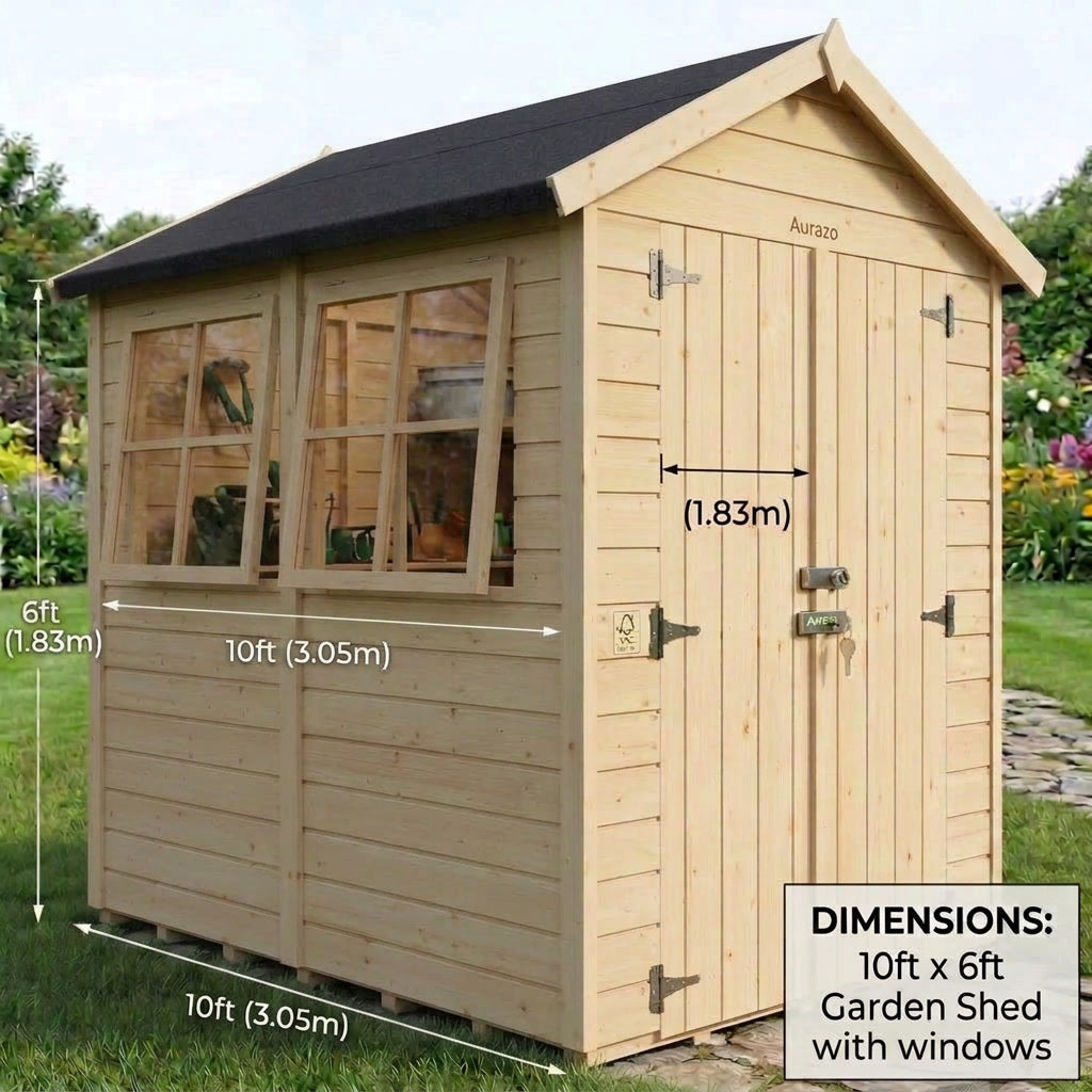 Aurazo 10ft x 6ft Garden Shed — With Windows